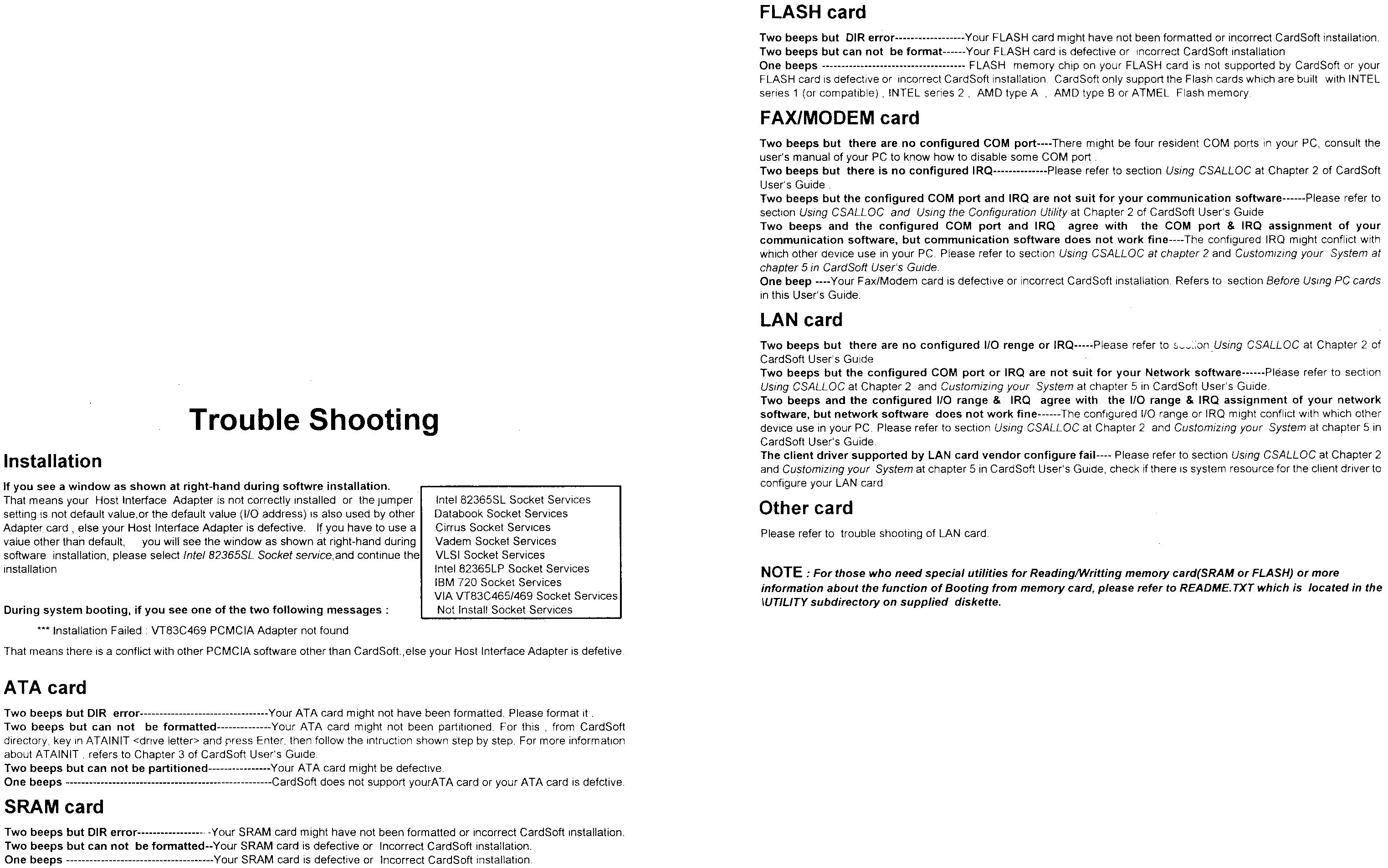 here's a sheet with some cryptic troubleshooting information